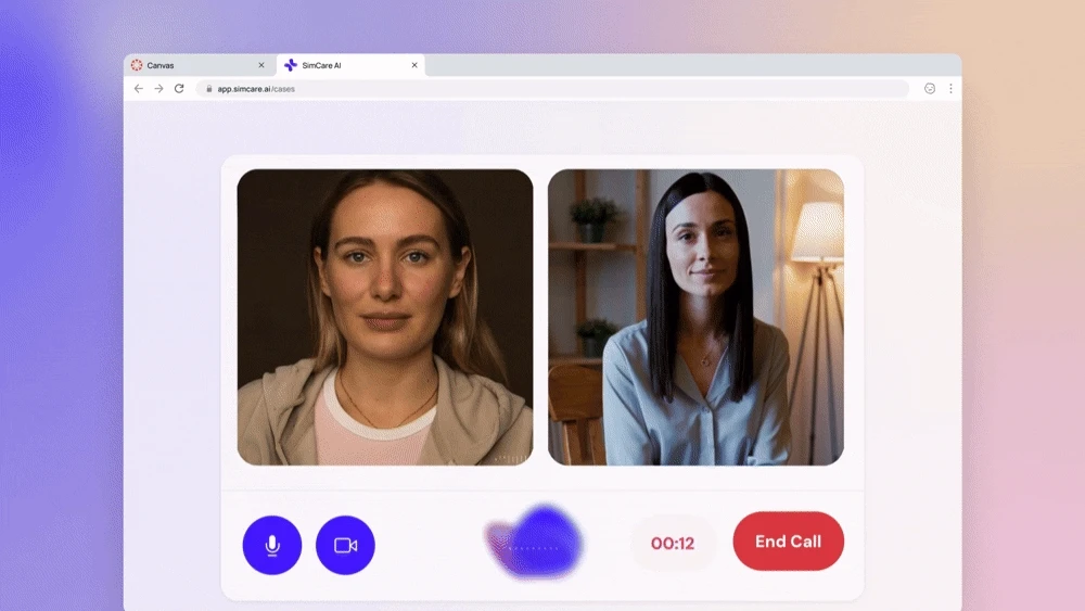 SimCare interface showing AI client avatar