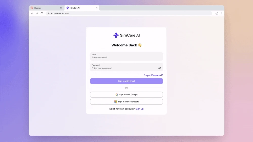 SimCare login page