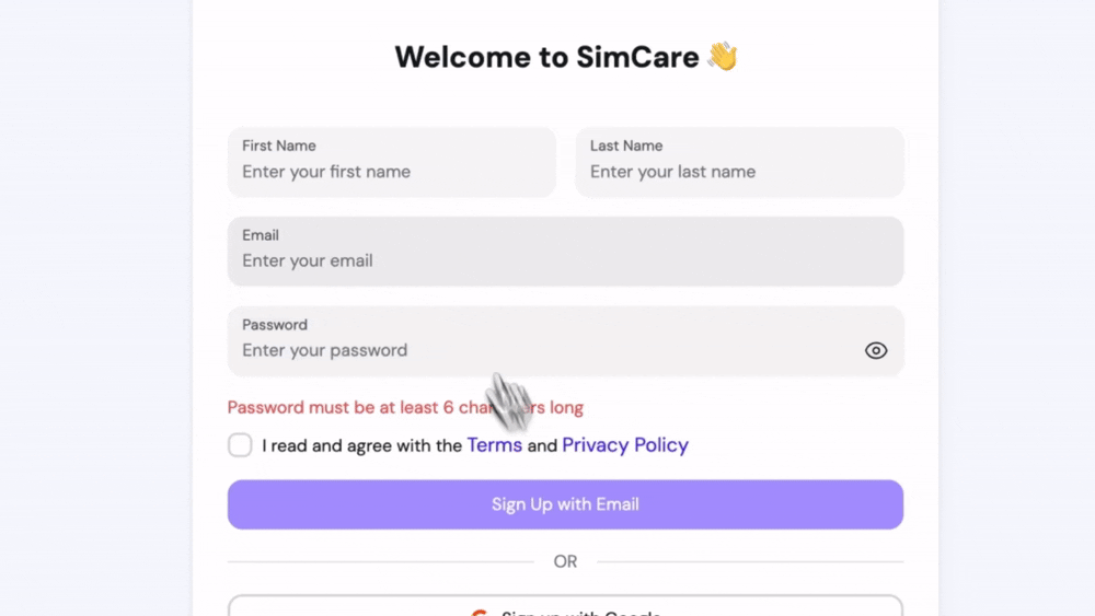 Signing up process